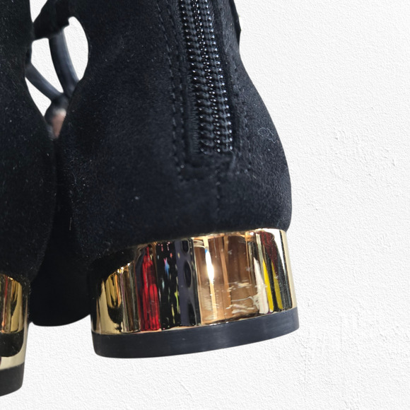 Aldo Black Suede Marieta Lace-Up Flats Gold Heel Zip Ballet Shoes Size 6.5 NWT - Picture 7 of 13